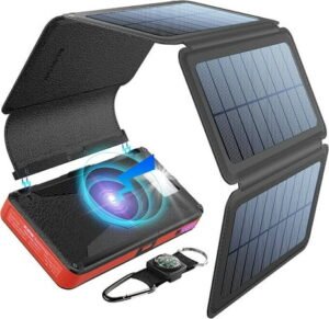 BLAVOR Solar Charger Five Panels Detachable Qi Wireless Charger 20001mAh Portable Power Bank with Dual Output Type C Input（Red，20000mah）